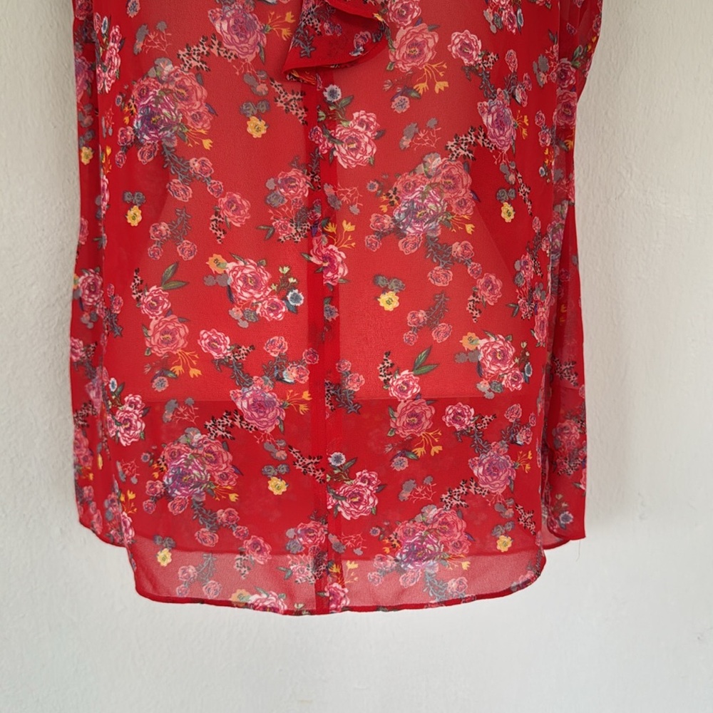CAbi red floral sleeveless ruffle trim sheer fabric blouse size small - Picture 5 of 11